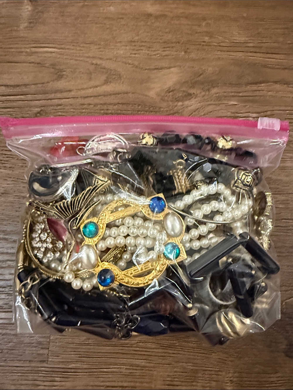 Jewelry Grab Bag. quart size bag of jewelry brooches necklaces bracelets earring